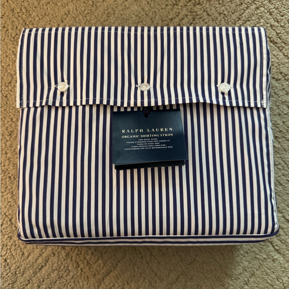 Ralph Lauren Organic Shirting Stripe King Duvet Cover, Blue, White, NWT